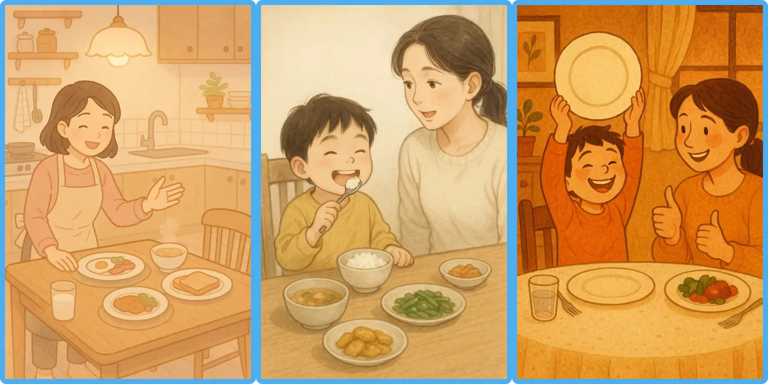엄마가 아이가 아침 식사때 아이를 부르고, 맛있는지 물어보고, 칭찬해주는 따뜻한 일상 장면 일러스트 아이 영어 표현, 생활 속 영어 문장, 엄마표 영어, 아이와 영어, 영어 육아 팁