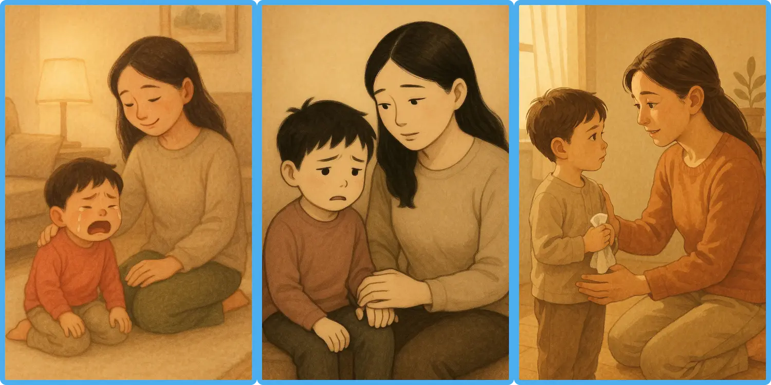엄마가 아이가 울 때 울게해주고, 옆에 있어주고, 안아주는 뜻한 일상 장면 일러스트 아이 영어 표현, 생활 속 영어 문장, 엄마표 영어, 아이와 영어, 영어 육아 팁
