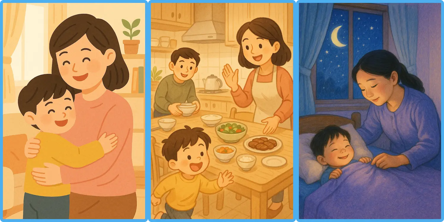 엄마가 아이를 안아주고, 함께 식사하며, 아이를 재우는 따뜻한 일상 장면 일러스트 아이 영어 표현, 생활 속 영어 문장, 엄마표 영어, 아이와 영어, 영어 육아 팁