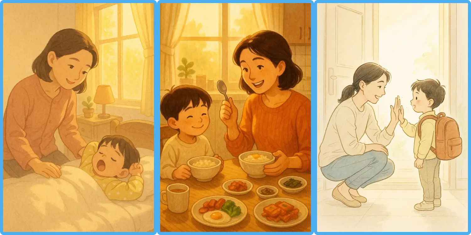 엄마가 아이가 아침에 일어났을 때 인사하고 아침에 응원을 해주고 힘을 주는 아침 인사를 하는 따뜻한 일상 장면 일러스트 아이 영어 표현, 생활 속 영어 문장, 엄마표 영어, 아이와 영어, 영어 육아 팁