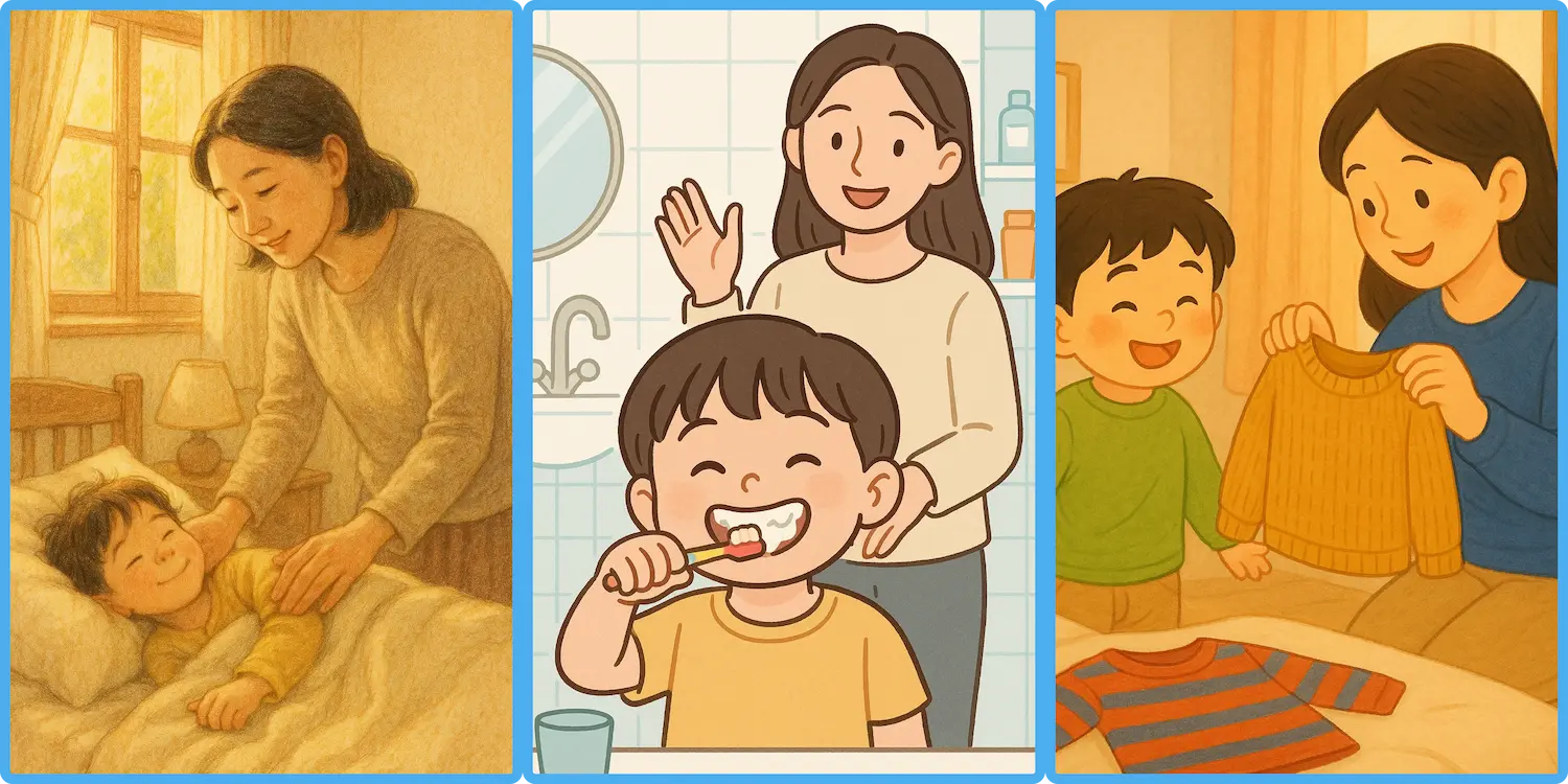 엄마가 아이를 깨우고, 함께 양치하며, 아이를 옷 입히는 따뜻한 일상 장면 일러스트 아이 영어 표현, 생활 속 영어 문장, 엄마표 영어, 아이와 영어, 영어 육아 팁