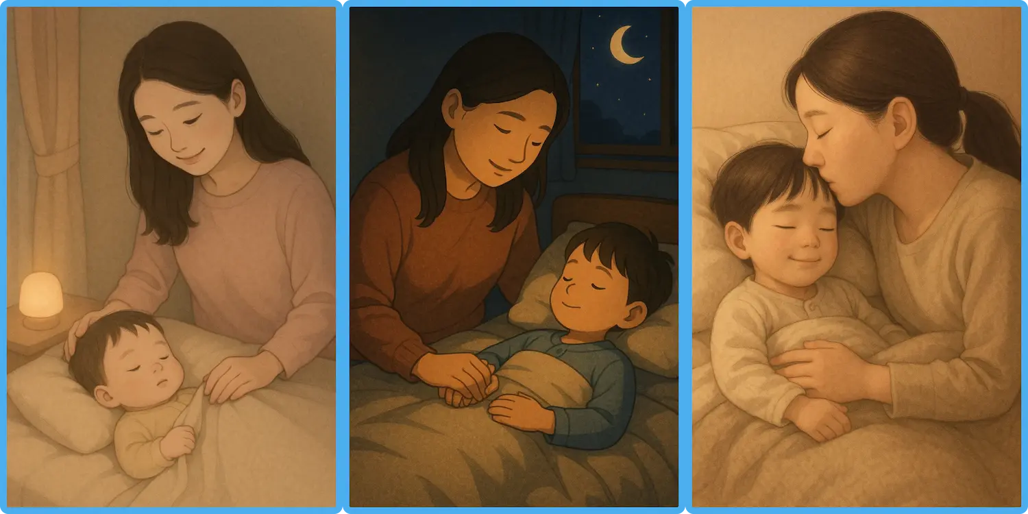 엄마가 아이가 잠자기 전에 인사를 해주고 불안을 없애고 하루를 응원해주는 따뜻한 일상 장면 일러스트 아이 영어 표현, 생활 속 영어 문장, 엄마표 영어, 아이와 영어, 영어 육아 팁