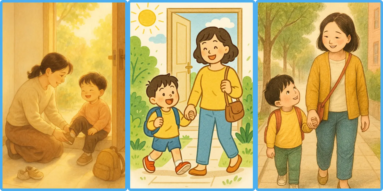 엄마가 아이 신발을 신겨주고, 함께 외출하며, 아이 손을 잡아주는 따뜻한 일상 장면 일러스트 아이 영어 표현, 생활 속 영어 문장, 엄마표 영어, 아이와 영어, 영어 육아 팁