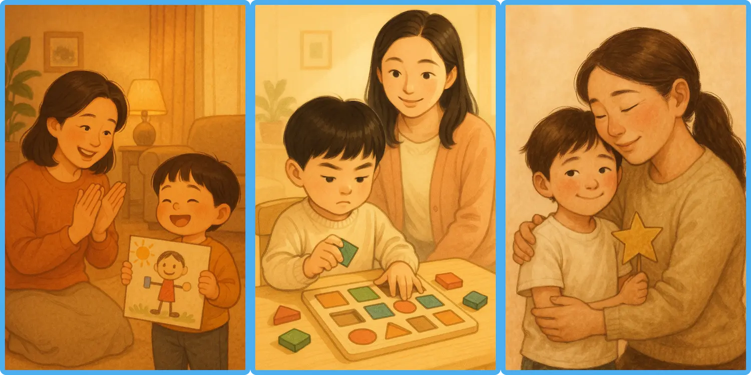엄마가 아이 칭찬해주고, 똑똑함을 인정하며, 아이를 자랑스러워하는 따뜻한 일상 장면 일러스트 아이 영어 표현, 생활 속 영어 문장, 엄마표 영어, 아이와 영어, 영어 육아 팁